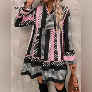 SHEIN LUNE V-Neck All-Over Print Ruffled Hem Long Sleeve Dress NWOT
